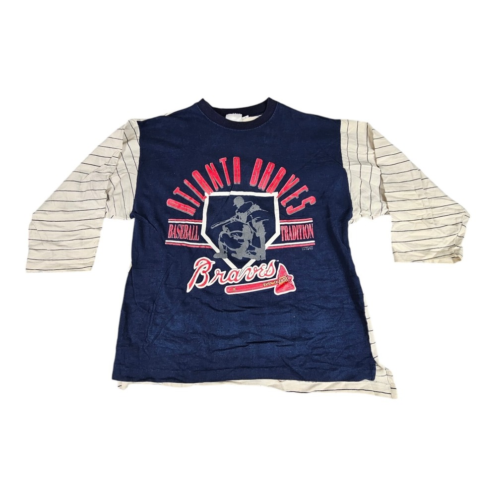 Vtg 1992 Atlanta Braves Locker Line Made in USA Crewneck Sz L 3/4 Sleeve